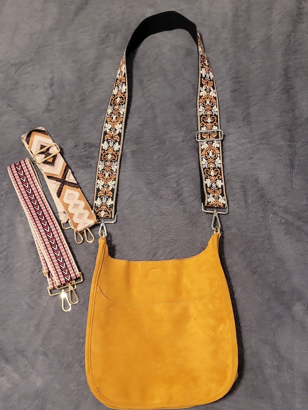 Suede Mustard Crossbody Bag with Decorative Removable Straps